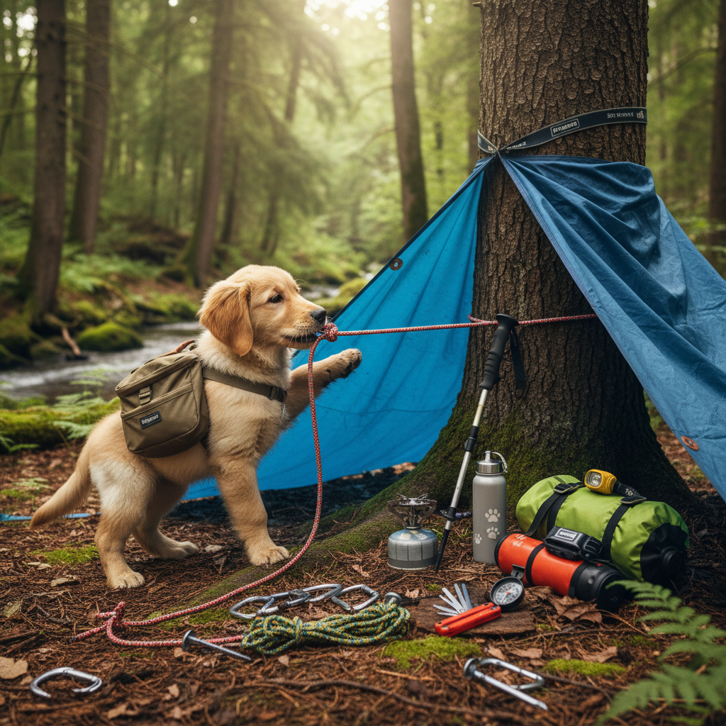 firefly “puppy setting up a tarp shelter between trees, highly detailed gear shots.” 358736