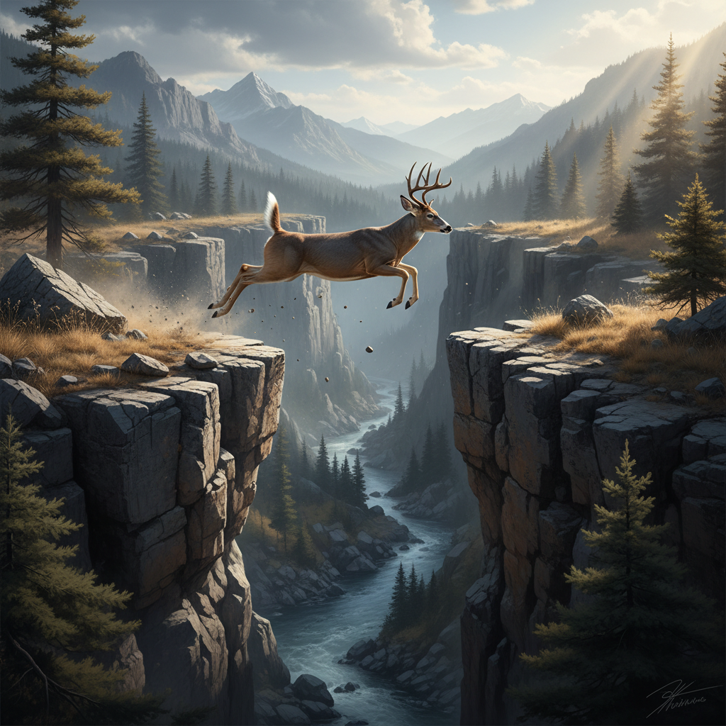 firefly white tail deer leaping across a chasm between cliffs, dramatic action freeze frame. 537618